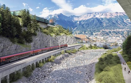 Blick aus der Sillschlucht Richtung Norden/ Stadt Innsbruck und Museum Tirol Panorama