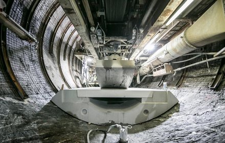 Rail-bed slabs being placed by the tunnel boring machine