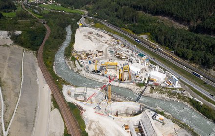 Isarco river underpass construction lot - aerial view